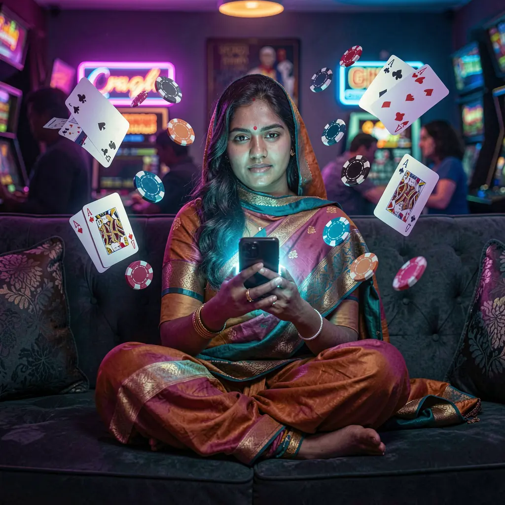 TAKA99 COM App – Enjoy smooth and immersive mobile casino gaming in Bangladesh Relaxed Bangladeshi woman using the TAKA99 COM casino app on her phone as colorful chips and cards float around her in a neon gaming scene