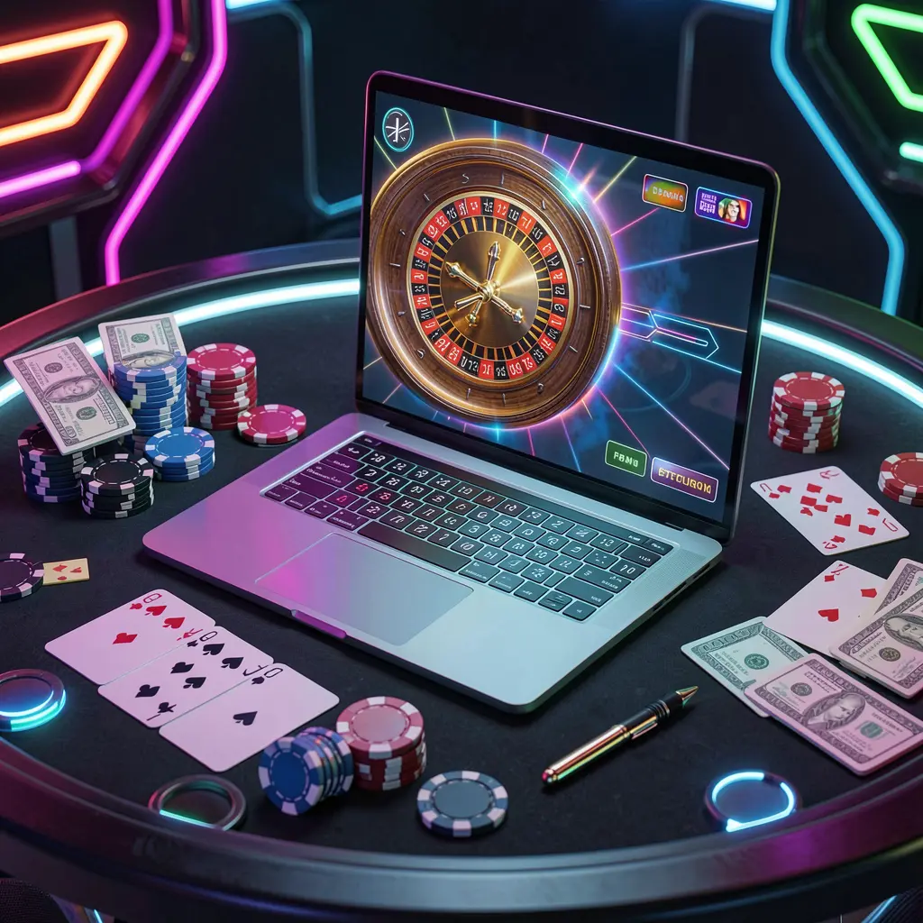 TAKA99 COM – Step into an immersive online casino world in Bangladesh Futuristic online roulette game on a laptop surrounded by casino chips and cards showcasing the immersive gaming experience at TAKA99 COM for players in Bangladesh