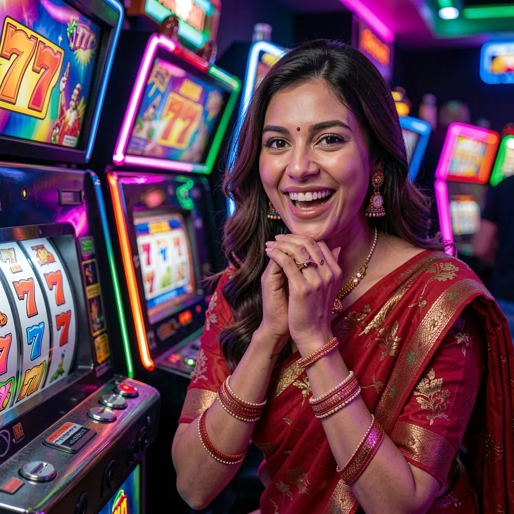 TAKA99 COM – Discover thrilling online slot action made for players in Bangladesh Excited woman enjoying vibrant online slot machines with glowing 777 symbols at TAKA99 COM casino in Bangladesh